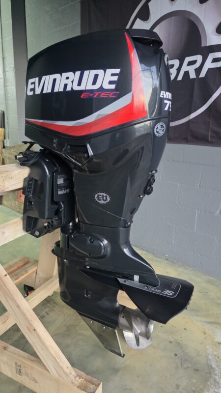 2014 Evinrude E-TEC 75 HP 2-Stroke DFI Outboard Motor – 20" Shaft – 380 Hours – Complete Rigging Included