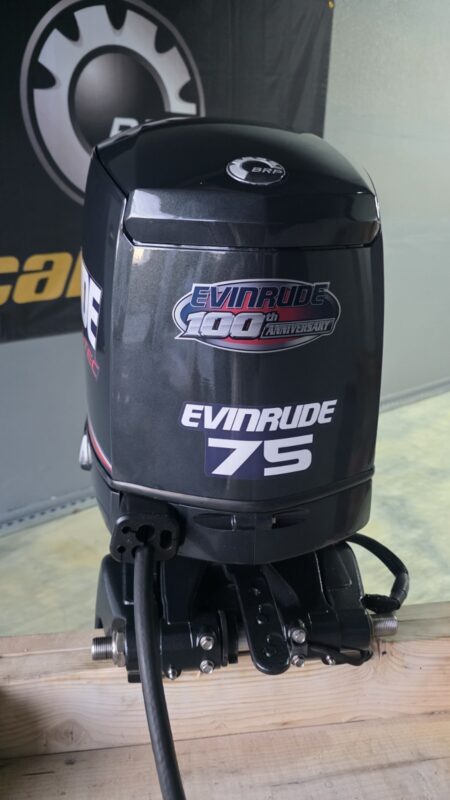 2014 Evinrude E-TEC 75 HP 2-Stroke DFI Outboard Motor – 20" Shaft – 380 Hours – Complete Rigging Included