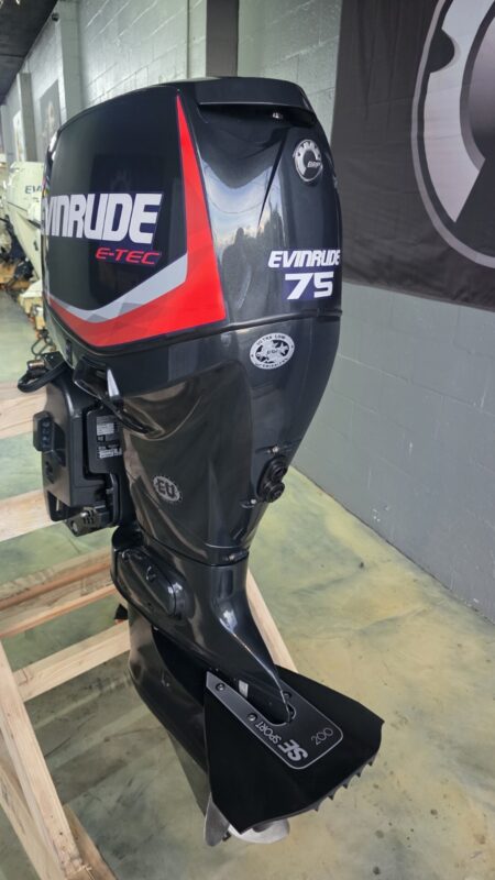 2014 Evinrude E-TEC 75 HP 2-Stroke DFI Outboard Motor – 20" Shaft – 380 Hours – Complete Rigging Included