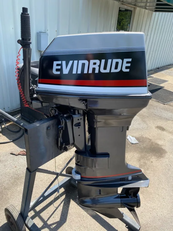 Used 1993 Evinrude 55HP 2-Cylinder Carbureted 2-Stroke Outboard Motor – 20" Long Shaft – Tiller Handle – Commercial Duty
