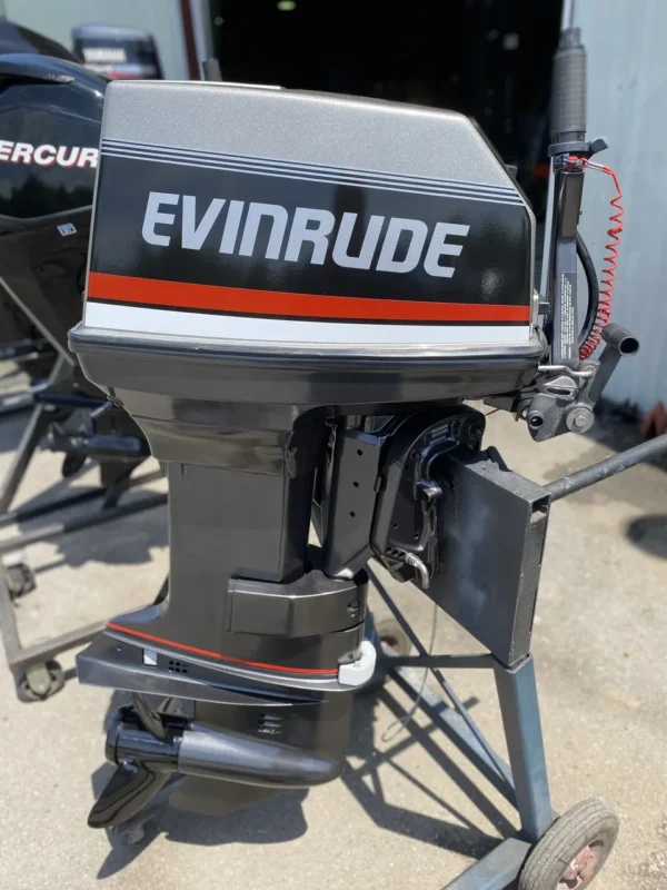 Used 1993 Evinrude 55HP 2-Cylinder Carbureted 2-Stroke Outboard Motor – 20" Long Shaft – Tiller Handle – Commercial Duty