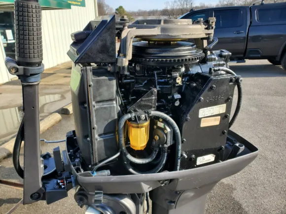 Used 1999 Johnson 65HP 3-Cylinder Carbureted 2-Stroke Commercial Tiller Outboard Motor – 20" Long Shaft – Manual Start