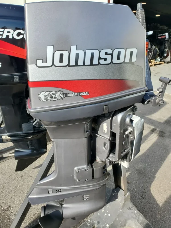 Used 1999 Johnson 65HP 3-Cylinder Carbureted 2-Stroke Commercial Tiller Outboard Motor – 20" Long Shaft – Manual Start