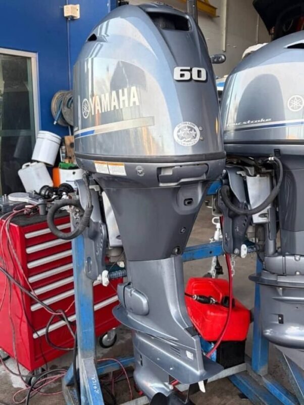 Used 2018 Yamaha F60LB 60 HP 4-Stroke Outboard Motor – 20" Long Shaft – 414 Hours – 170 PSI Compression – Tiller Handle