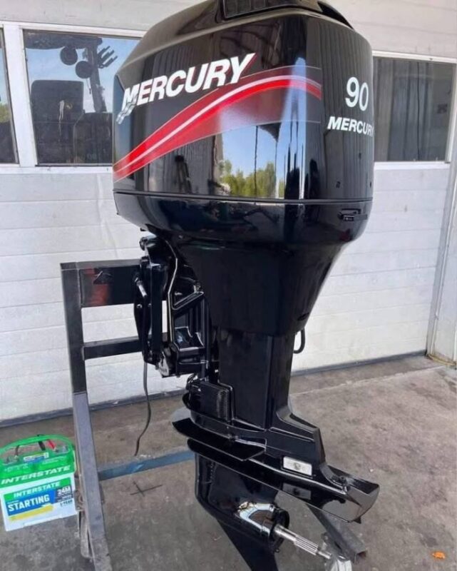 Used Mercury 90 HP 2-Stroke Outboard Motor – 20" Long Shaft – 380 Hours – Power Trim & Tilt